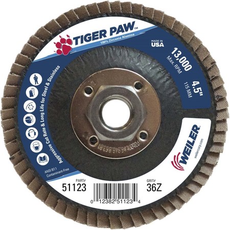 Weiler 4-1/2" Tiger Paw Abrasive Flap Disc, Conical (TY29), 36Z, 5/8"-11 UNC 51123